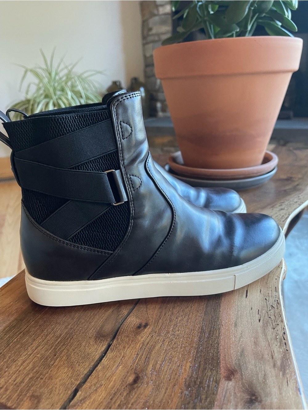 Yellow Box Black Leather Moto-Inspired Ankle Boots with White Sole